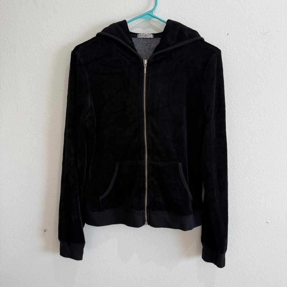 Allen Allen Womens Black Velour Full Zip Hoodie Sweatshirt Size L Made in USA